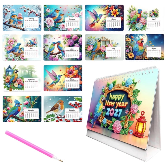 2027 Diamond Art Wall Calendar for Adults Beginners 12 Monthly Bird Themes, 9.6×5.7 Inch DIY Gem Art Hanging Calendar, Monthly Organizer Craft Gift for Family Coworkers