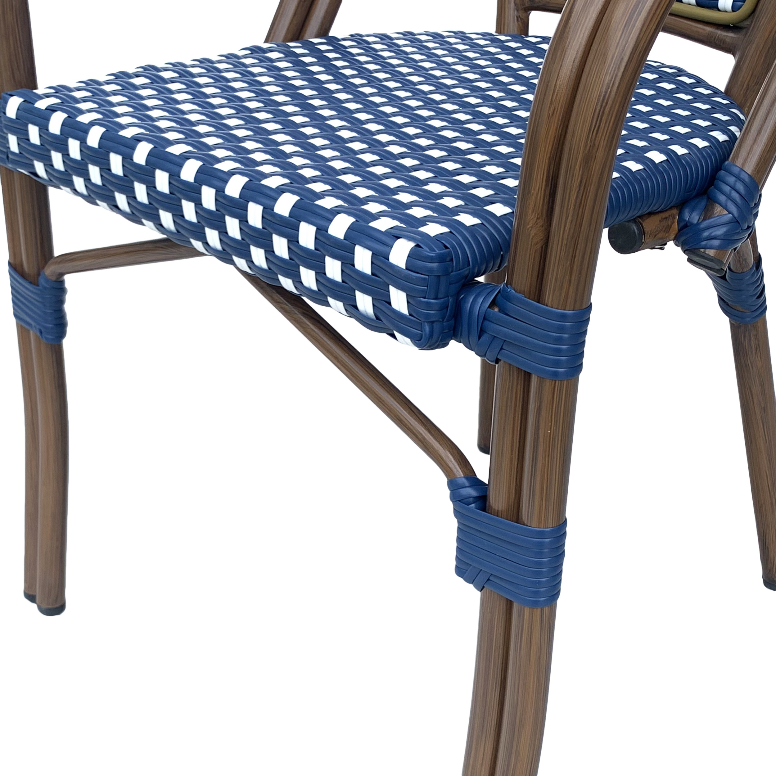 Cecil Aluminum and Wicker Outdoor French Bistro Chairs, Set of 4, Navy Blue, White, and Brown Wood