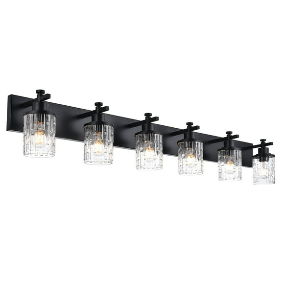 MELUCEE 6-Light Vanity Lighting Fixtures in Matte Black Finish with Clear Grid Glass Shade
