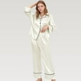 thumbnail image 3 of Women's Satin Pajama Set with Button-Up Long Sleeve Top and Wide Leg Pants with Contrast Trim - Medium, White, 3 of 7