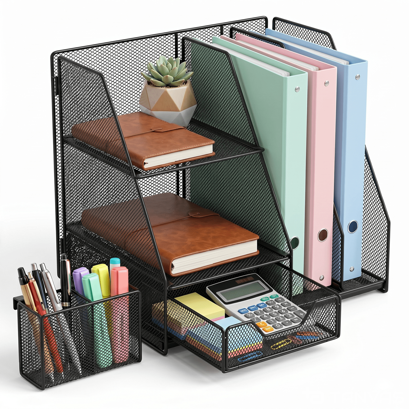 WEEUSE Mesh Desk Organizer with Drawer and 2 Pen Holders, Desktop Storage Rack for Office Supplies, Black
