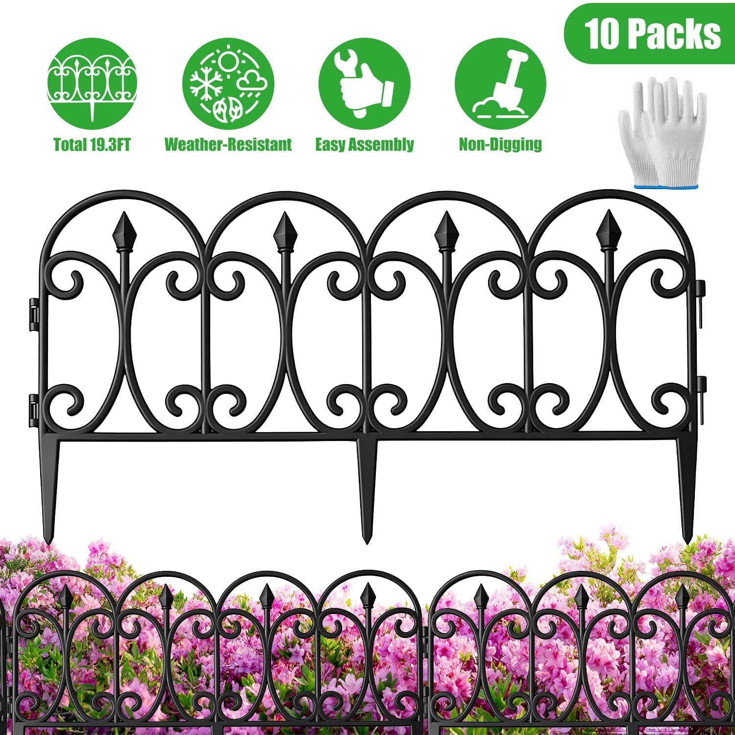 Teqhome 10 Packs Garden Fencing Lawn Edging Border 19.3FT PP Garden Fence Panels Easy Assembly for Yard Patio Outdoor Decor Flower Bed Border with Gloves