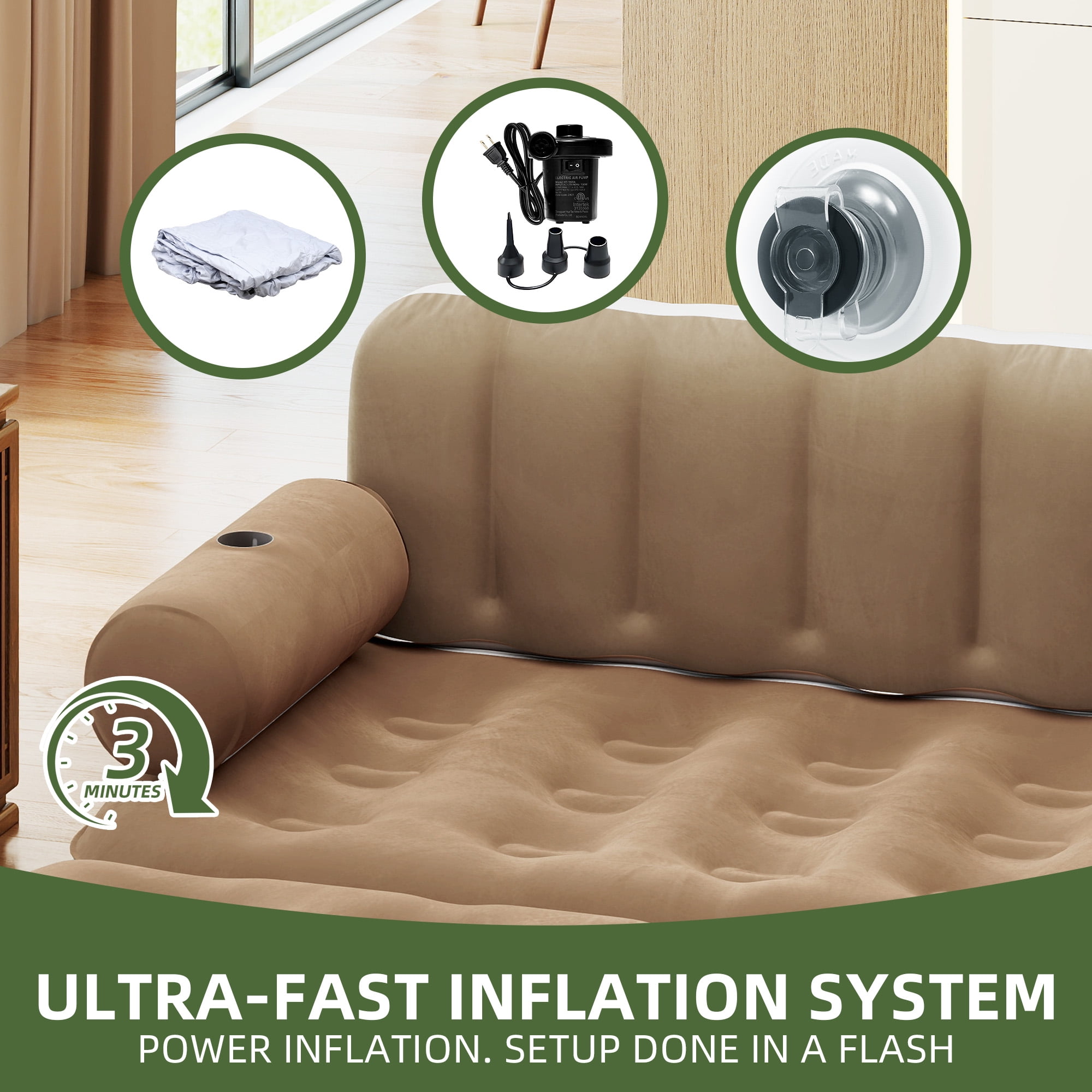 Uforic Queen Size Air Mattress with Built-in Air Pump, Brown Bed Skirt and Gray Top Including Repair Kit and Storage Bag, Supports Inflation/Deflation