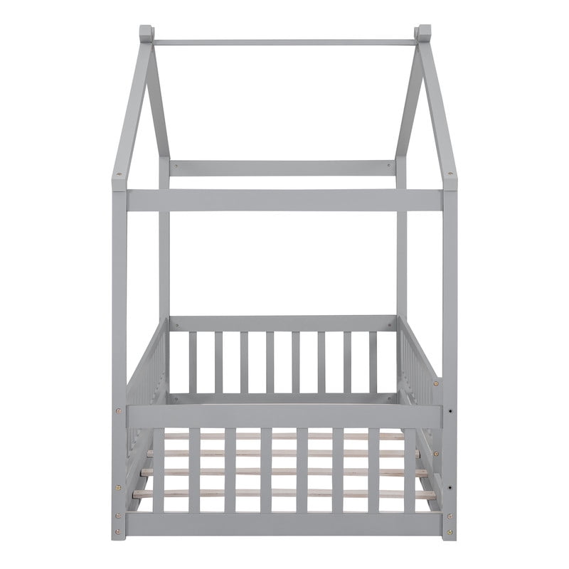 Twin Size Wood House Bed Floor Bed with Fence and Guardrails, Kids Playhouse Bed Toddler Bed Montessori Bed for Kids Boys Girls, No Box Spring Needed