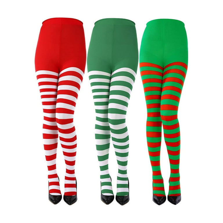 Peyakidsaa Women's Contrast Color Striped High Waist Tights Pantyhose, Red  White/Green White/Red Green 