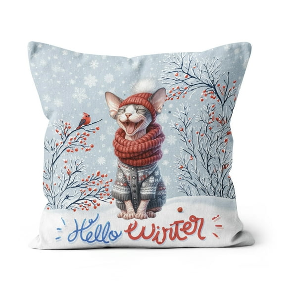 Hello Winter Sphynx Smiling in Red Scarf Hat Welcome Christmas Pillow Cushion Double Sided Cat Lover Kitten Owner Gifts Idea Throw Pillow - 00017