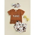 thumbnail image 2 of aturustex Infant Girl Tops + Shorts + Bow Headband Tassel Letter Cow / Camouflage / Rainbow Clothing, 2 of 9