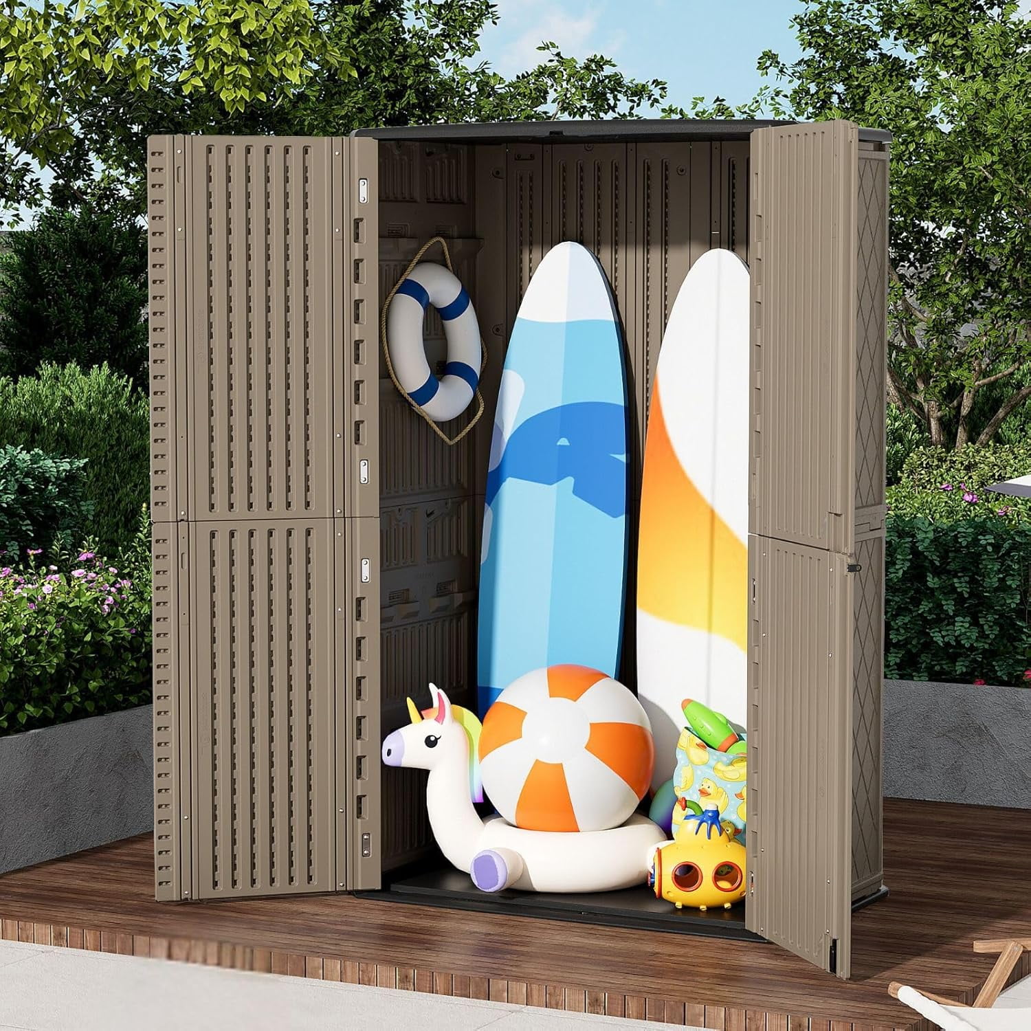 ZZMTIME Large 52 Cu.ft Waterproof Storage Shed, Outdoor Storage Cabinet，Durable Resin Storage for Patio Furniture, Garden Tools, Pool Accessories, Mower Storage (Coffee)