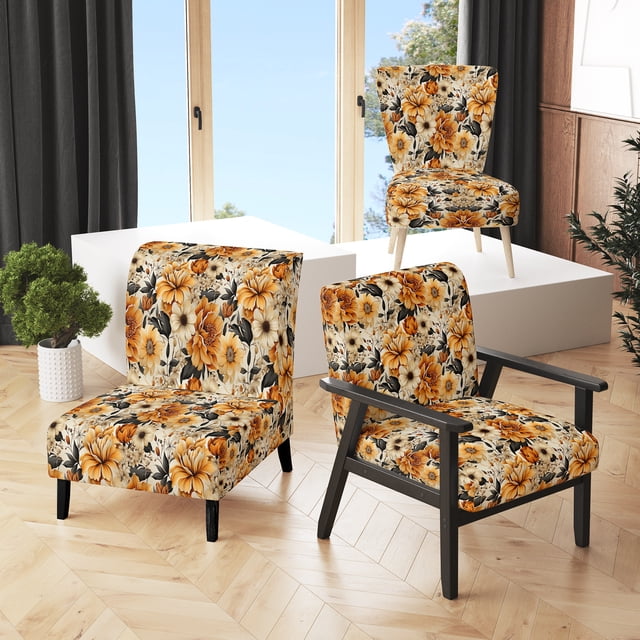 Designart "Fall Floral Cottage" Brown Flowers Upholstered Accent Chair - Cottage Arm Chair For Bedroom