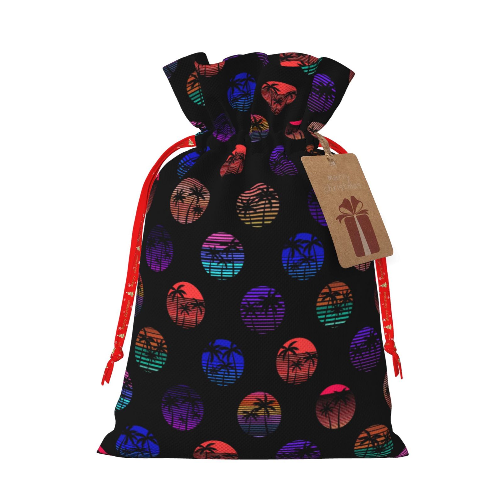 Naloa 80s Style Palm Trees Drawstring Christmas Bags, 3D Xmas Gift Bags, Christmas Wrapping Bags, Xmas Goodie Bags, Treat Pouch Bags, Party Favor Bags-Medium