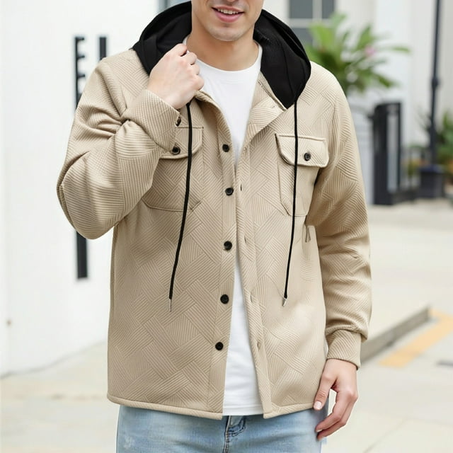 PEONAVET Mens Jacket Men's Fashionable Solid Color Long Sleeved Hooded Drawstring Pocket Button Jacket