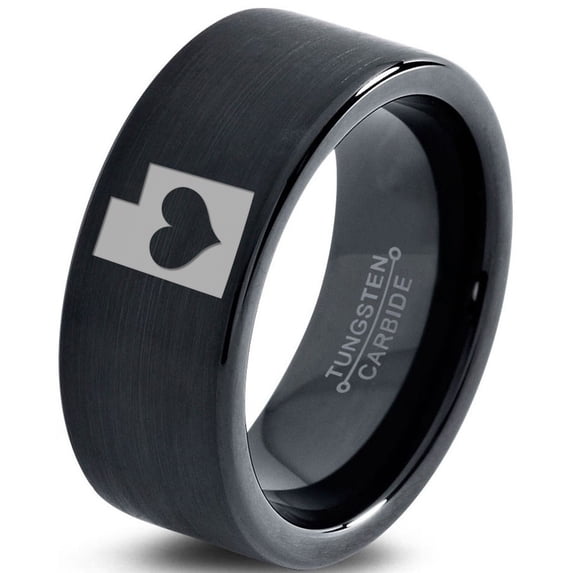 Tungsten Utah The Beehive State Heart Band Ring 9mm Men Women Comfort Fit Black Flat Cut Brushed Polished