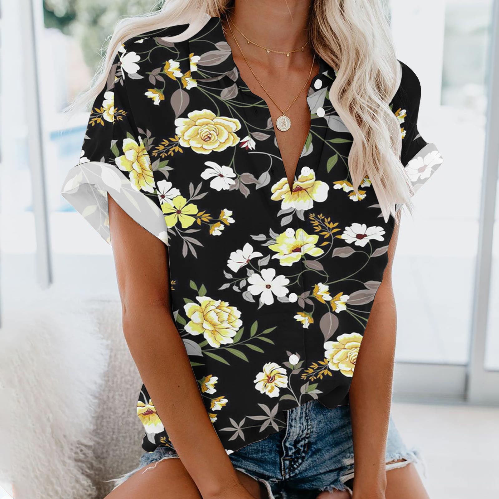 AXXD Workout Tops for Mom Vneck Printed Buttons Women Shirts Clearance