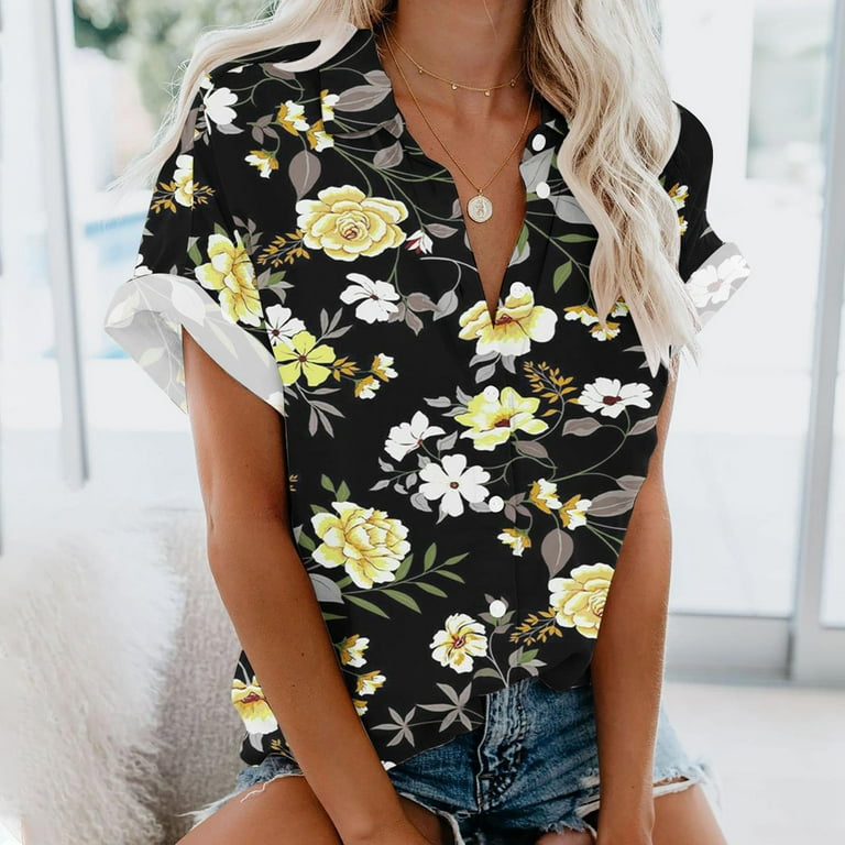 ZQGJB Womens Short Sleeve Hawaiian Shirts Casual V Neck Collared Button  Down Shirt Cute Summer Tops Dressy Casual Loose Fit Comfy Blouse Black XL 