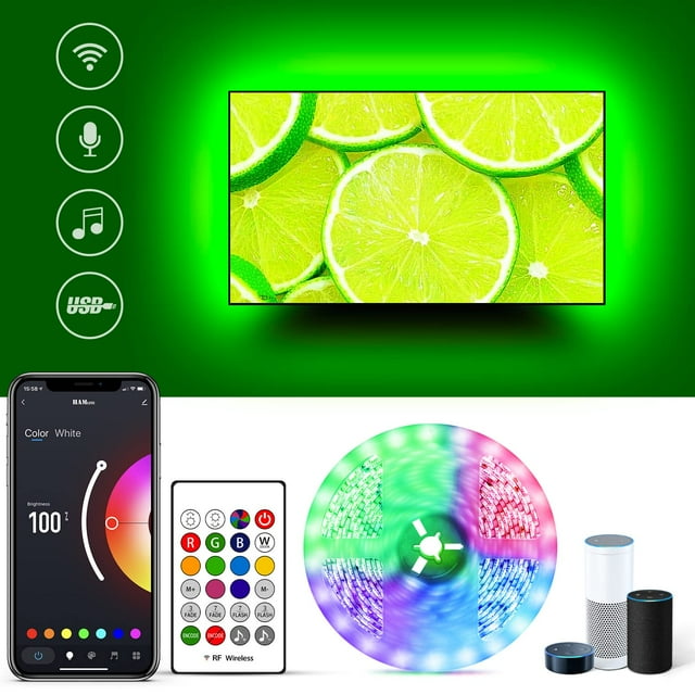 Retroiluminación LED para TV TV de 75 pulgadas Tiras de luces LED USB para TV WiFi Sincronización de música inteligente Compatible con Alexa RGBW 6500K Monitor que cambia de color blanco Iluminación p