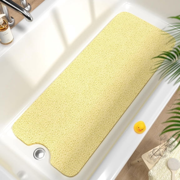 Non Slip Bathtub Mat 40 x 16 Inch, Extra Long Bath Mat for Tub, Soft PVC Loofah Shower Floor Mat with Drain, Quick Drying Bathroom Tub Mat for Wet Area, Without Suction Cup, Grey