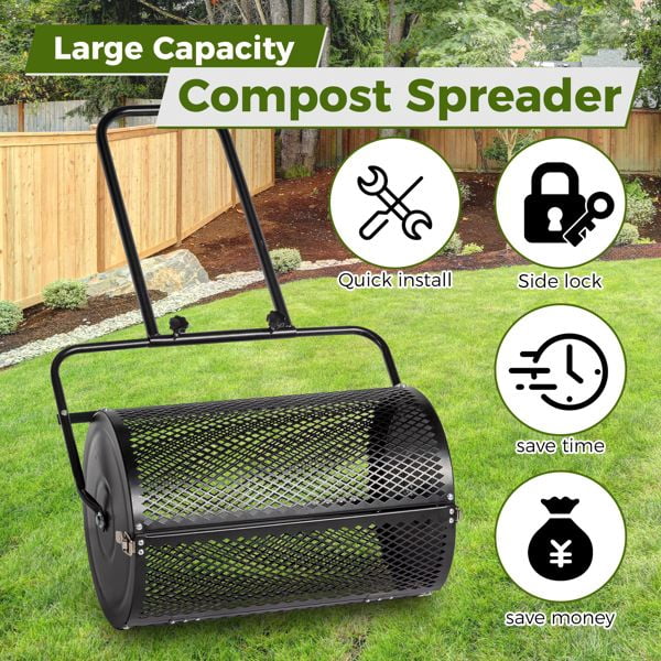 24 inch Compost Spreader for Lawn, Garden Peat Moss with Double Side Latches, Powder Coated Steel Mesh Basket for Topdressing & Seedling, Black