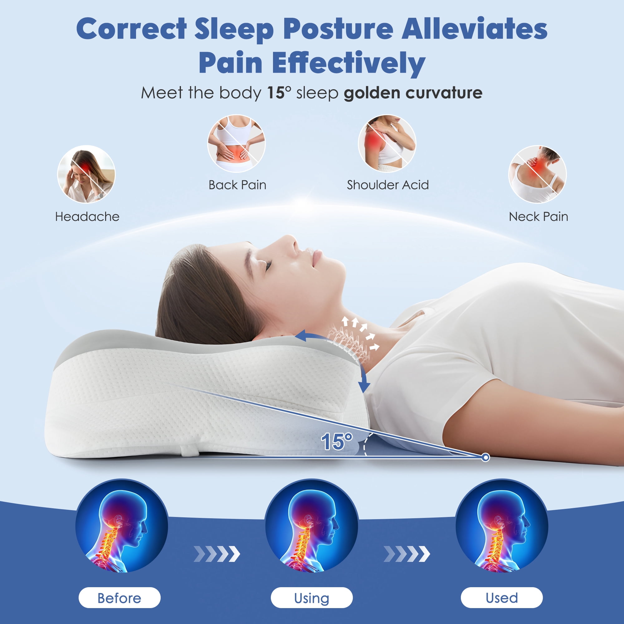 MOONORAH Cervical Neck Pillow, Ergonomic Memory Foam Bed Pillows for Neck Pain Relief with Cooling Pillowcase, Orthopedic Contour Neck Support Pillow for Side Back Stomach Sleepers, Gray