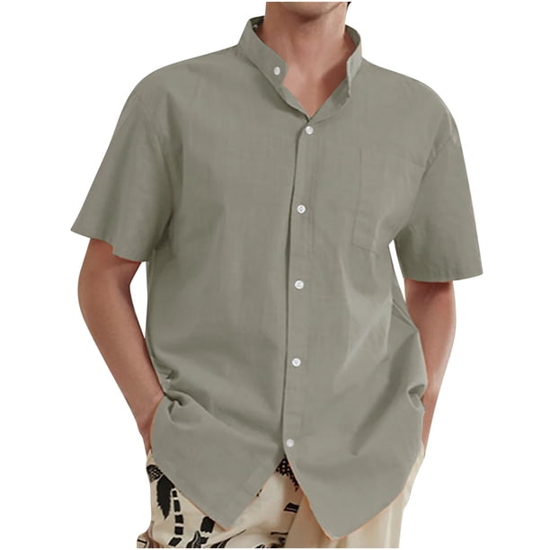 pstuiky camisetas de hombre, Camisa informal de lino y algodón de manga corta para hombre, color liso, con cuello plegable y manga corta, blusa con cuello vuelto camisas casuales para hombre xxl