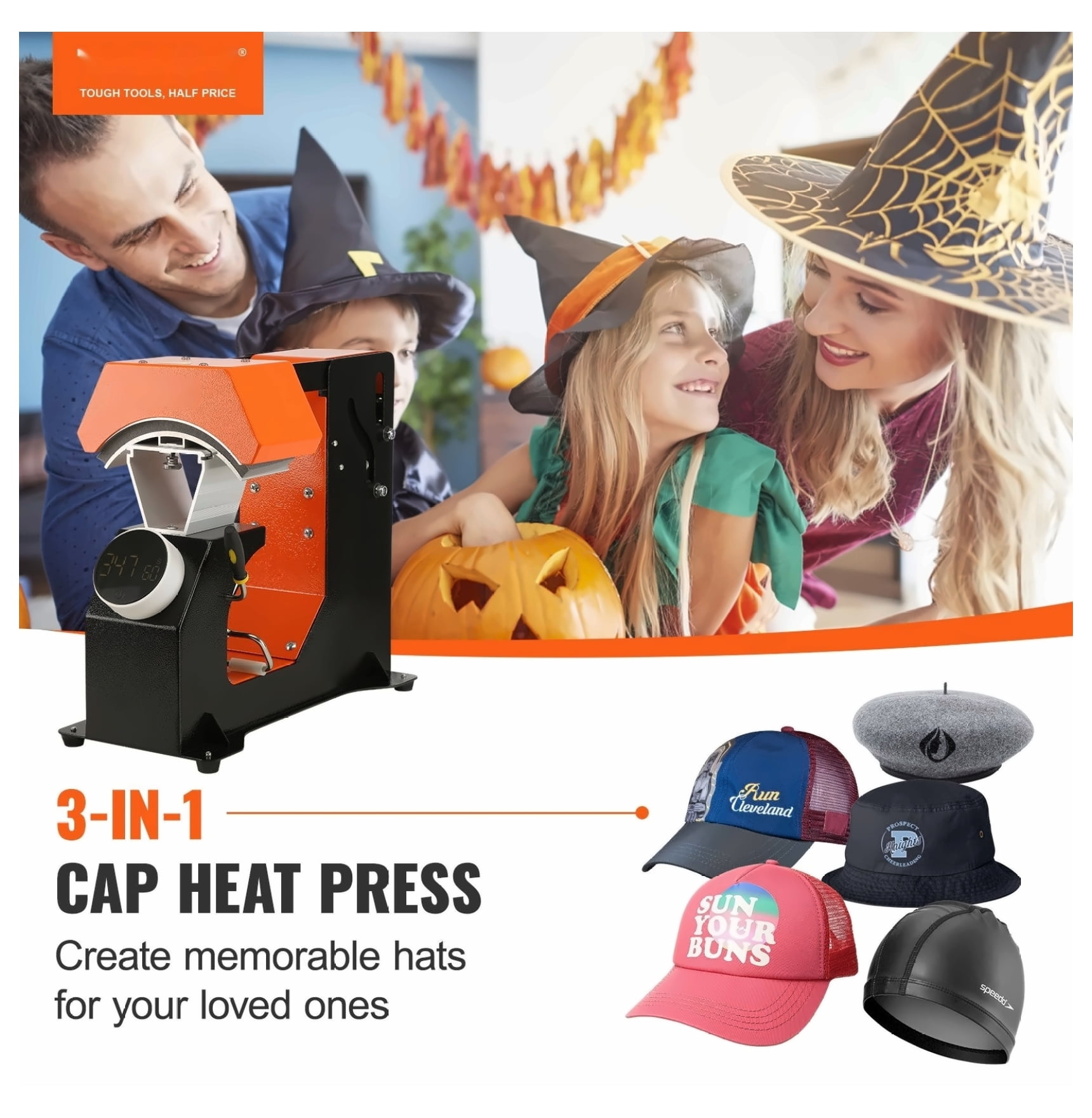 Hat Heat Press Machine 6.4x3.5in TriGol Sublimation Cap Press, 3-in-1 Auto Clamshell Transfer Press, Digital Control Panel, 3 Heating Pads for Hats, DIY Crafts