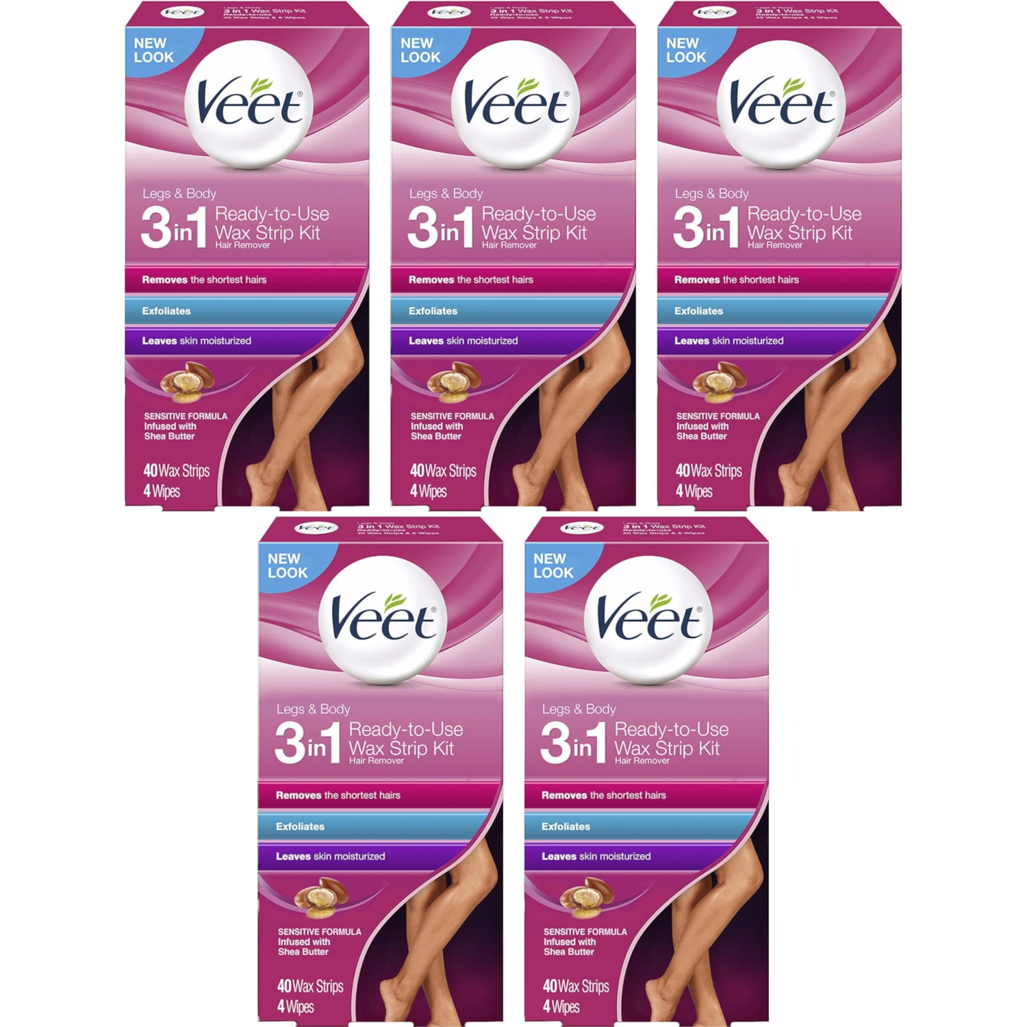 5 Pack Veet Ready to Use Wax Strip Kit Hair Remover Legs & Body 40