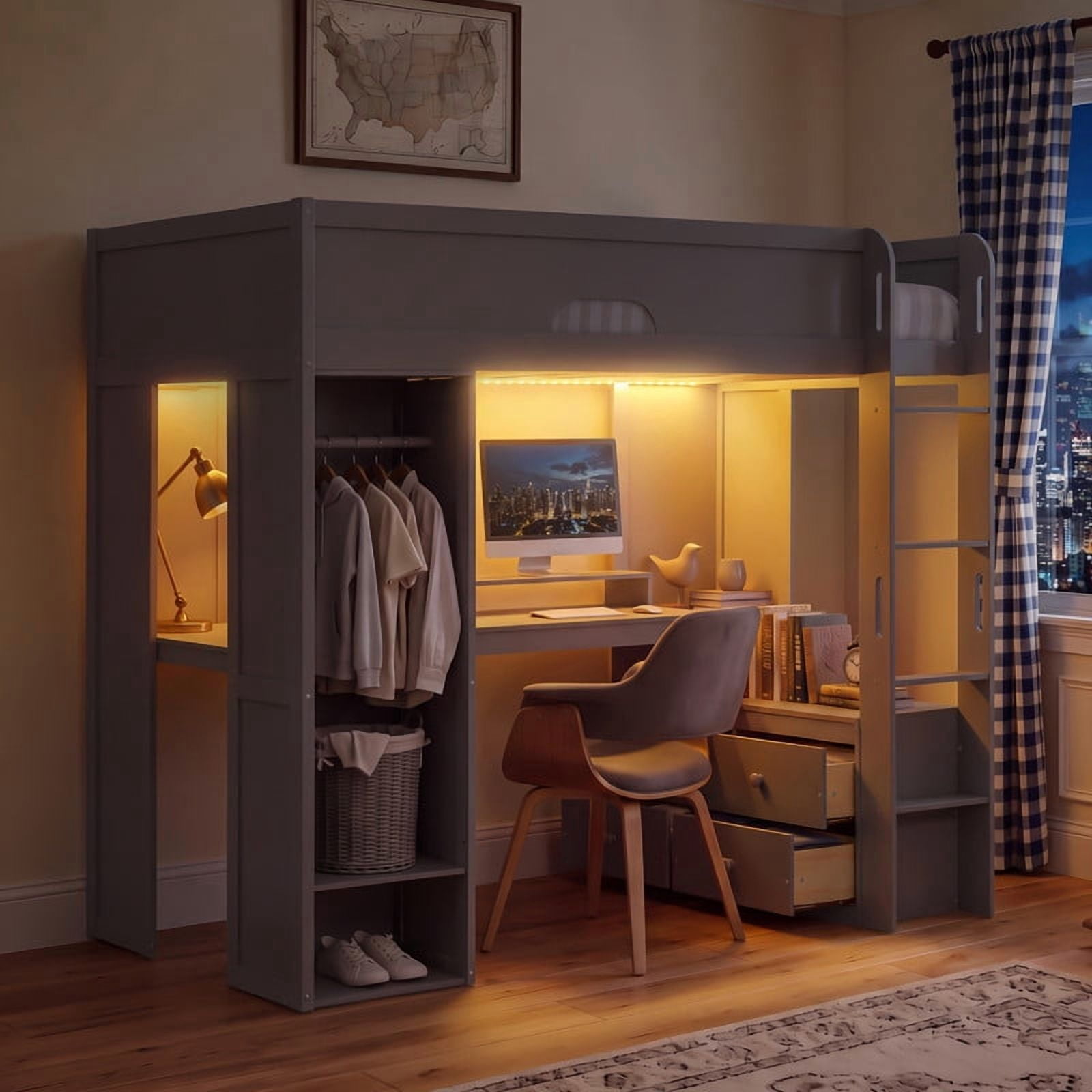 Twin Versatile Loft Bed with L-Shaped Desk, LED Light Strip & Charging Station, Storage Kids Bed Frame with Drawers & Wardrobe