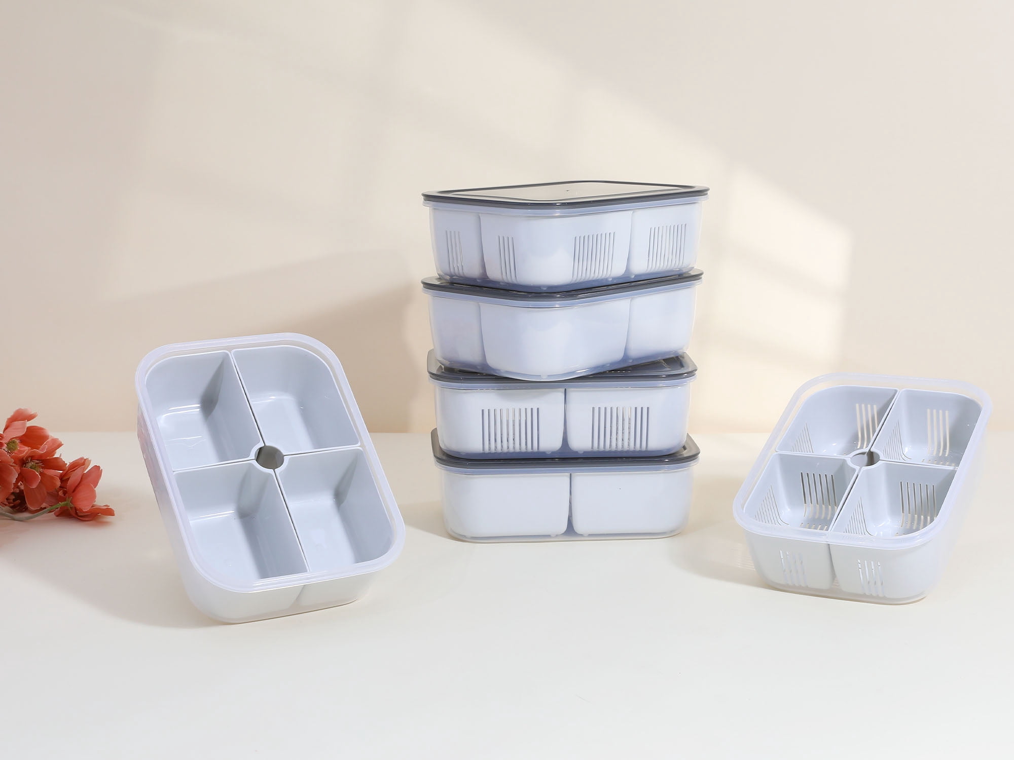 Unique Bargains Food Storage Containers Meal Prep 5 Packs 4 Grids-Hollow