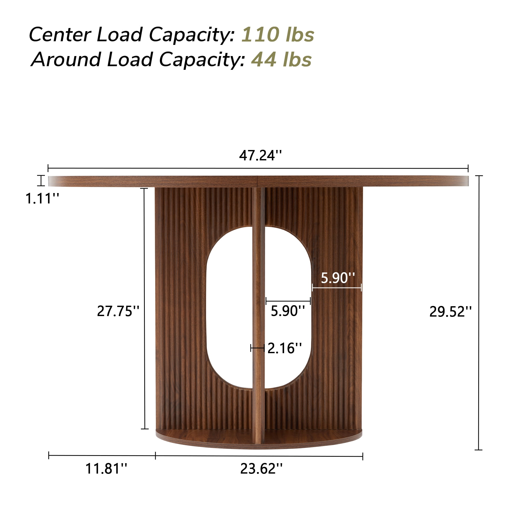 PHOYAL 47 inch Round Dining Table, Circle Kitchen Table for 4-6, Large Wood Dinner Table, Wooden Fluted Pedestal Dinning Table for Dining Room, Mid Century Modern Style, Walnut