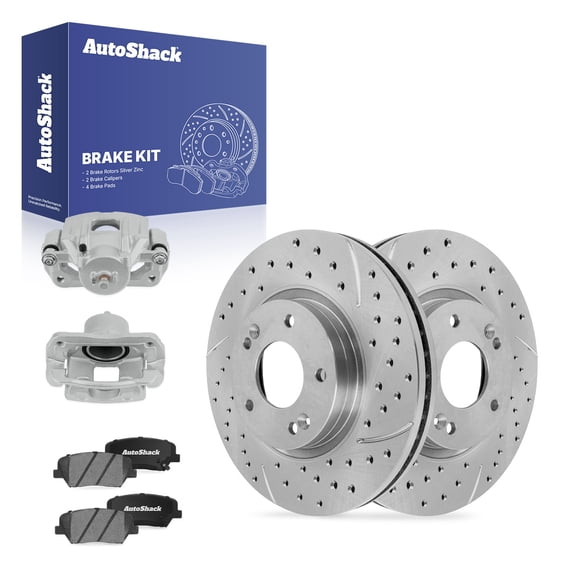 AutoShack Front Drilled & Slotted Brake Rotors Ceramic Brake Pads Calipers | Replacement for 2011-2013 Kia Sorento 2010-2012 Hyundai Santa Fe | Silver Zinc Coated | 8-PC Brake Kit | SilverShield Pro