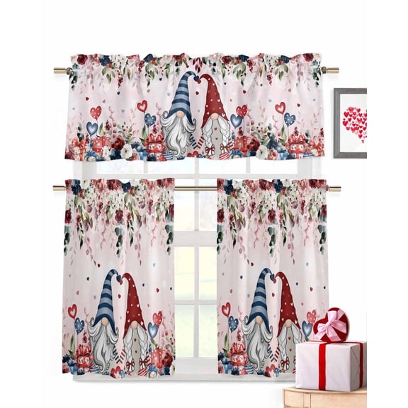 Valentine's Day Kitchen Curtains Valances and Tiers Set of 3, 24 Inch Length Tier Curtains and Valance Rod Pocket Valance Curtains Set for Kitchen Bathroom Small Windows