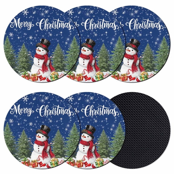 Navy Blue Christmas Coasters Set of 6, Absorbent Coasters for Drinks, Snowman Xmas Tree Snowflake Winter Gifts Coaster for Desk Coffee Table Protection, Home Decor House Warming Gifts 4"