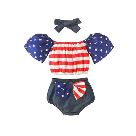 

Kiapeise 4th of July Baby Girl Outfits Print Short Sleeve T-shirt Shorts Headband Independence Day 3Pcs Set