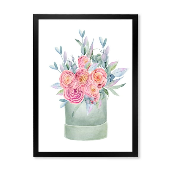 Designart 'Pink Roses With Gift Box' Farmhouse Framed Art Print