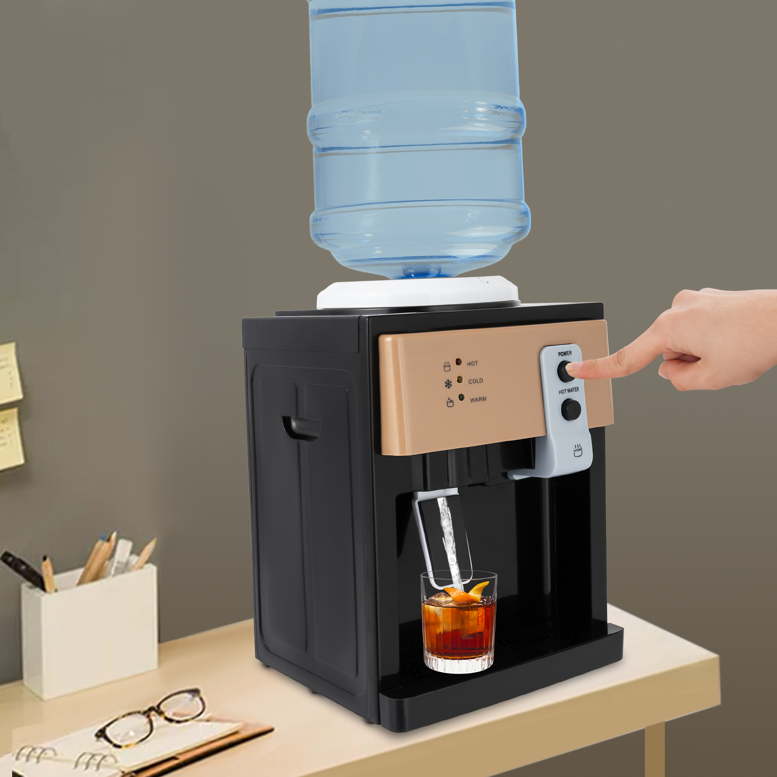 Peakora Countertop Hot and Cold Water Cooler Champagne Gold&Black Desktop Top Loading Water Dispenser with three different water temperatures (hot/cold/warm) for Both Home and Commercial Places 110V
