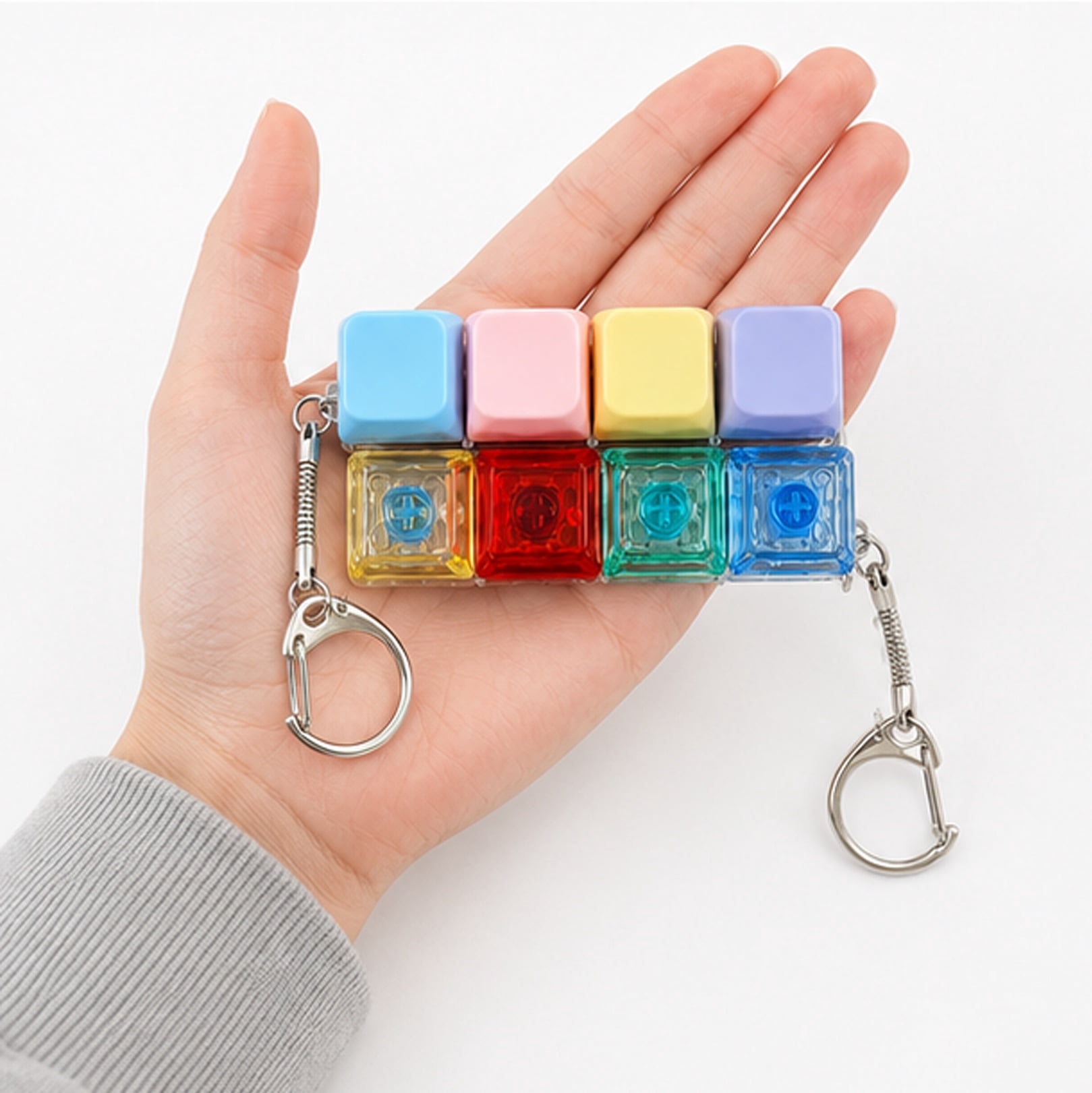 Mechanical Style Keyboard Fidget LED Clicker Keychain for Daily Stress Relief Colorful + Transparent Keyboard Chain 2 pcs