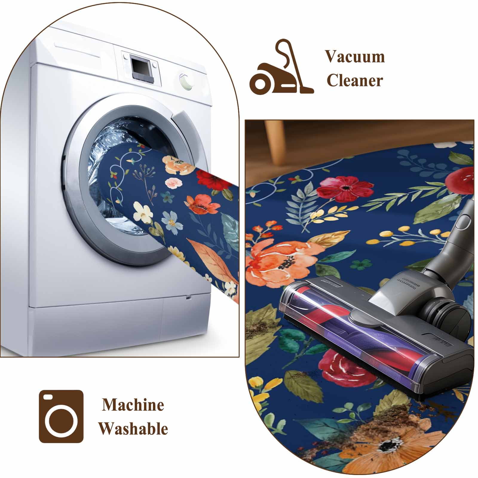 Navy Blue Flowers Area Rugs 4'x6', Washable Small Throw Rugs for Office Bathroom, Spring Vintage Floral Leaves Farmhouse Indoor Outdoor Rug Non-Slip Low Pile Carpet Runner Reversible Floor Mats