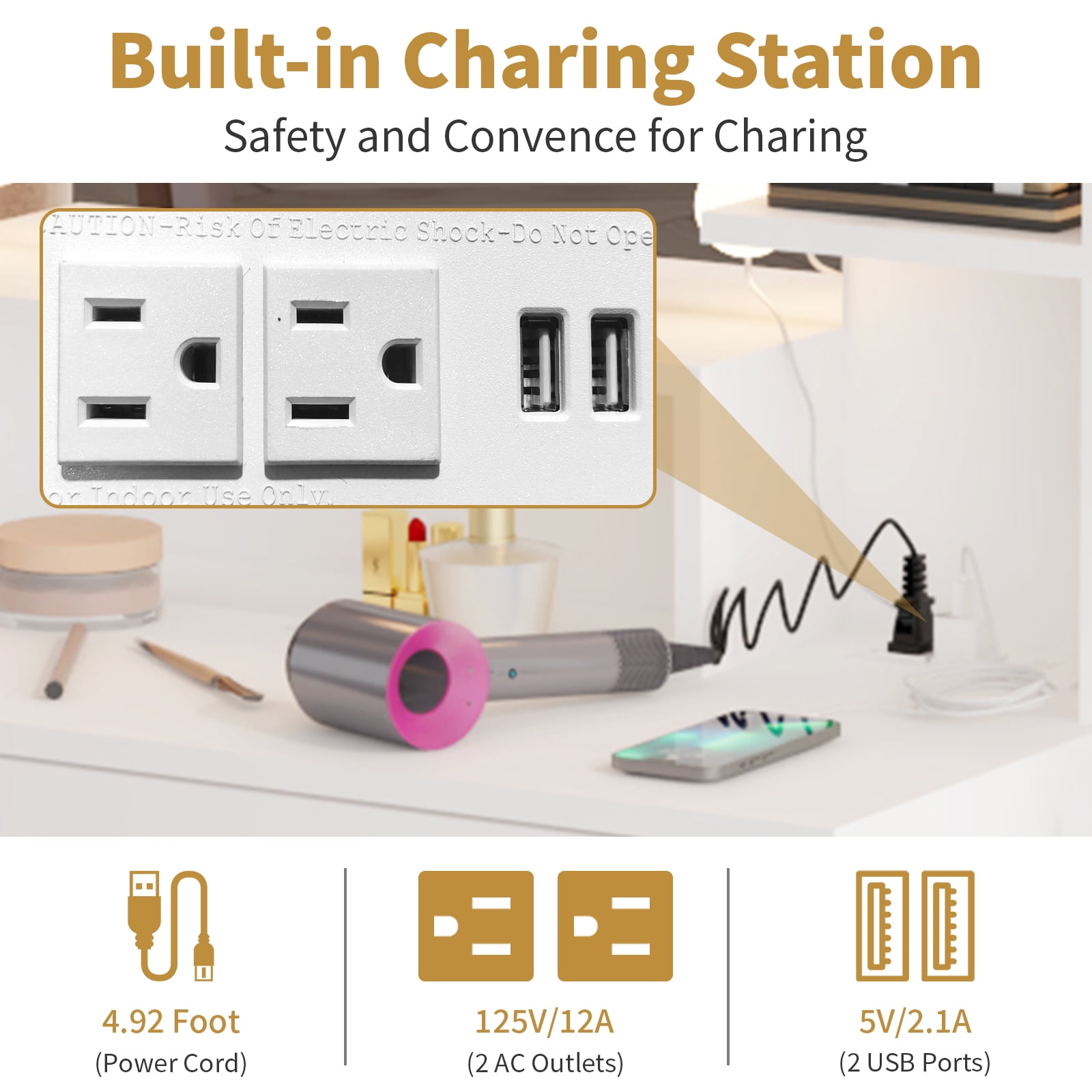 Ktaxon Makeup Vanity with 4 Drawers&Charging Station, Vanity Table Desk with 3 Color Light, Dressing Table w/ 2 Door Cabinet, White