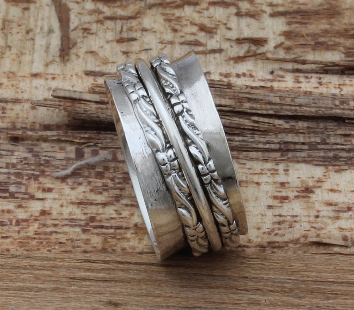 SS DESIGNS Fidget Spinner Ring - Handmade 925 Sterling Silver Anxiety Relief Band | Boho Style Spinner Anxiety Jewelry for Men & Women