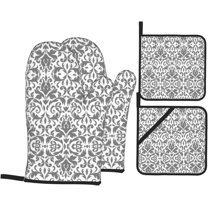 Decor White Black Print Oven Mitts and Pot Holders Sets 4 Piece Set Kitchen Women Men Cooking Baking Microwave Heat Resistant