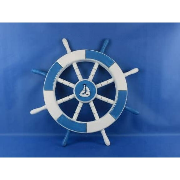 Light Blue and White Ship Wheel with Sailboat 18" - Beach Decor - Ship Wheel