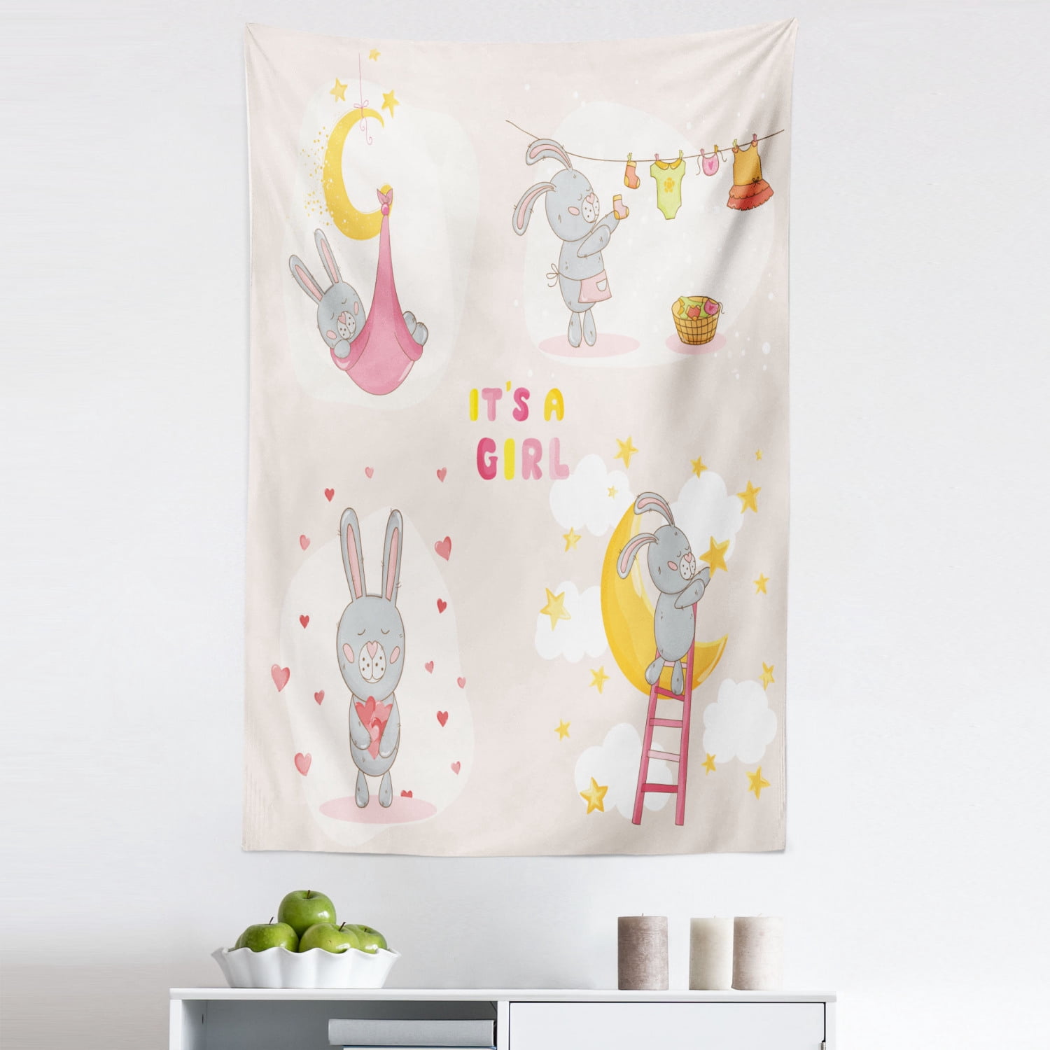 Feminine Tapestry, Bunny Rabbit Sleeping Doing Laundry Picking Stars ...