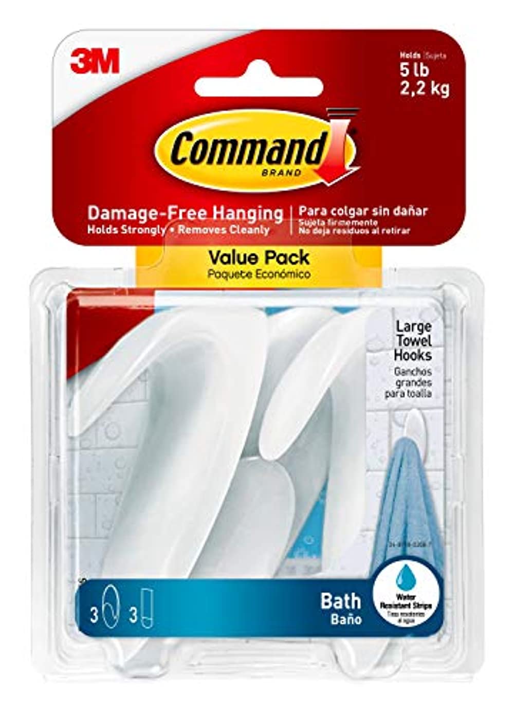 command towel hook value pack, large, clear frosted, 3hooks, 3large