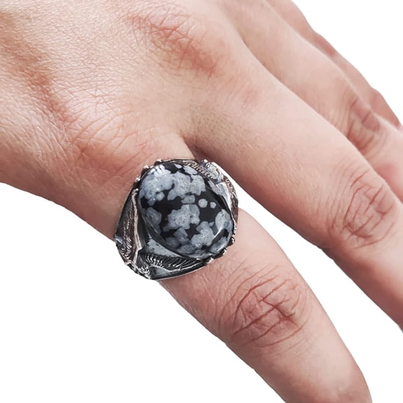 Snowflake Obsidian Mans Ring, Natural Snowflake Obsidian, Eagle Ring, Silver Jewelry, 925 Silver Ring, Gift, Heavy Mens Ring, Arabic Design, Ottoman Style Ring, Christmas, Turkey Mens Signet Ring