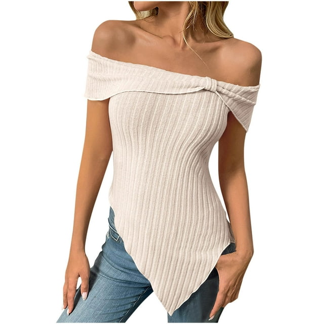 Chbgutlmr Tops for Women Trendy Off The Shoulder Slim Fitted Knot Ribbed Irregularly Giong out Tops Summer