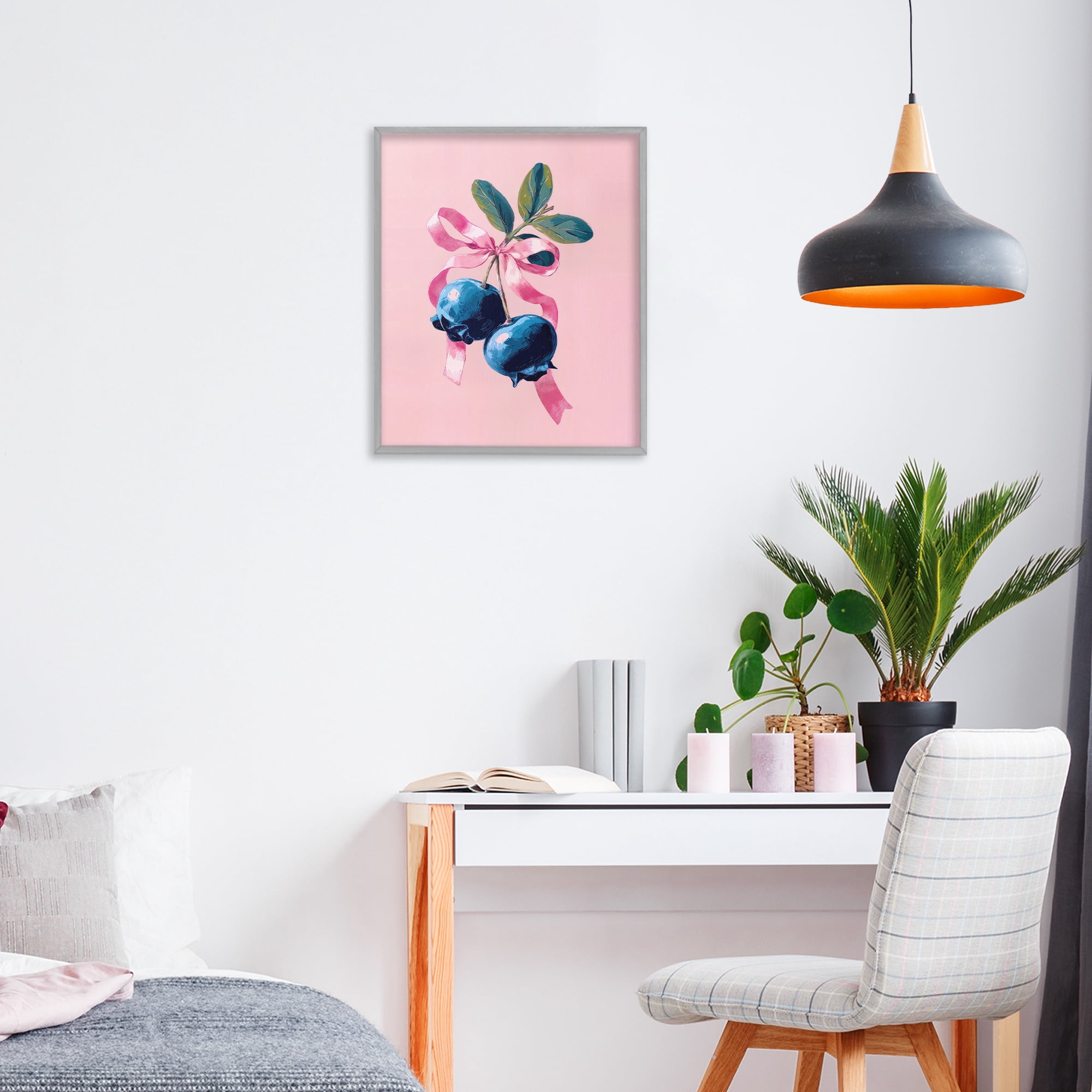 Stupell Industries Blueberry Branch with Pink Bow Gray Framed Giclee Art, design by Imagine It Images