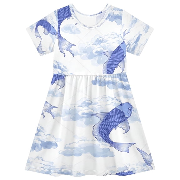Girls Short Sleeve A-Line Dress Blue Koi Fish Play Dress Sizes 2T