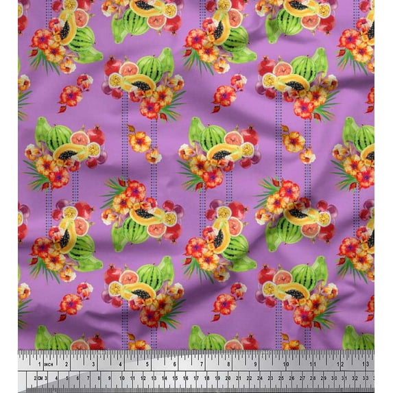 Soimoi Crepe Silk Fabric Flowers & Mix Fruits Print Fabric by The Yard 42 Inch Wide