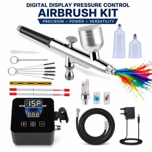 Doulami Airbrush Kit with Air Compressor, Digital Display High Pressure Air Brush Non-Clogging with 0.2/0.5mm Nozzle, for Painting,Modeling,Cake Decor, Makeup,Black