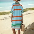 thumbnail image 6 of FRSASU Linen Dresses for Women 3/4 Sleeve Striped Dress Summer V-Neck Boho Vacation Dress Casual Outfits Mint Green, 6 of 7