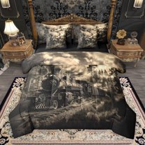 Manfei Black Train 7pcs Bedding Comforter Set,Construction Vehicles Queen Bedding Sets,Beige Black Queen Sheet Sets For Kids,Microfiber Bedroom Decor Reversible